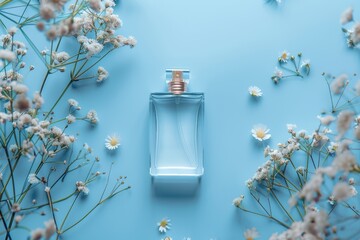 Perfume bottle on the blue background. Summer atmosphere. Flat lay.