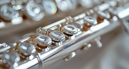 Traditional flute with a silver finish, featuring a range of notes and intricate keyword for precise playing. Generative AI.