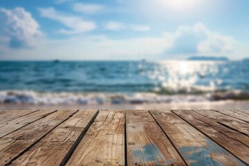 Wood table top with sea background for product display.