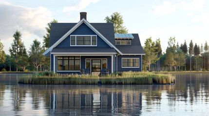 Fototapeta premium Front view of a newly constructed craftsman style periwinkle house with navy accents, by a calm lake.