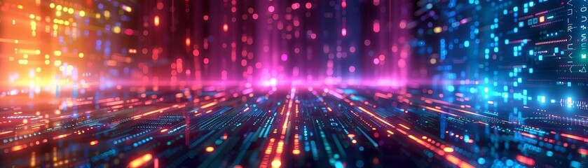Futuristic neon lights in a digital matrix environment, vibrant glowing particles creating a dynamic cyber cityscape feel, abstract technology background.