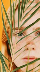 Obraz premium A close-up shot of a woman's face partially hidden by a palm leaf