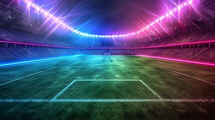 Soccer Field in Stadium Illuminated by Neon Lights