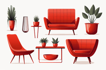Fototapeta premium Comfortable red armchair collection isolated on a white background. Interior element set illustration.