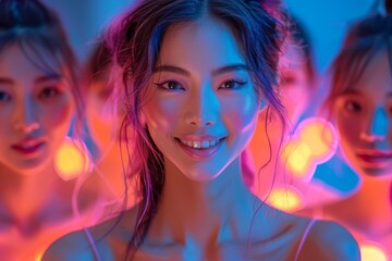 Fototapeta premium A group of smiling Asian women with long hair forms a line against a blue backdrop, illuminated by vibrant spectrum colors and cinematic lighting, with reflective and mirroring effects.