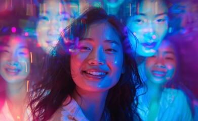 Fototapeta premium A group of smiling Asian women with long hair forms a line against a blue backdrop, illuminated by vibrant spectrum colors and cinematic lighting, with reflective and mirroring effects.