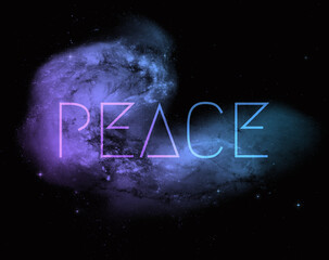 Poster with the word Peace on it and purple and blue space dust and stars