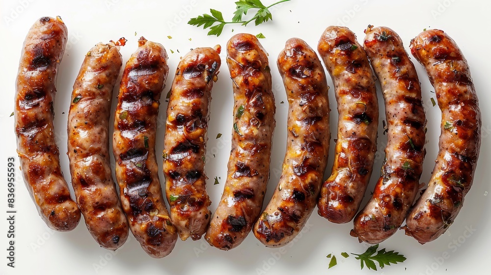 Wall mural overhead shot of seven cooked breakfast sausage on white background. generative ai.