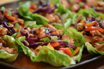 Vibrant closeup of asian chicken salad with lettuce wraps on a wooden serving plate