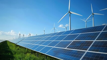 Renewable Energy Farm: On a vast renewable energy farm, rows of solar panels and wind turbines generate clean energy, providing a sustainable alternative to fossil fuels