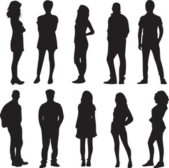People Standing Black Silhouette isolated on white background 