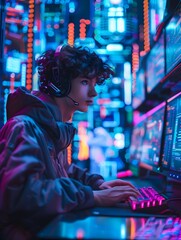 Obraz premium Prodigy Hacker Navigates Cutting Edge Digital Workspace with Holographic Interfaces and Vibrant