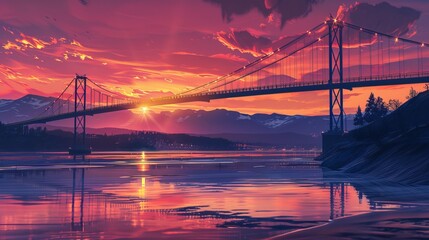 Suspension Bridge at Sunset: As the sun sets, a suspension bridge spans a wide river, its cables and towers silhouetted against the vibrant orange and pink sky