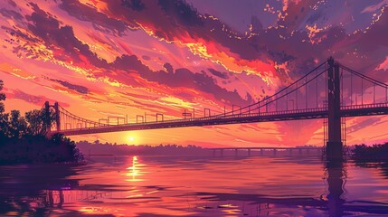 Obraz premium Suspension Bridge at Sunset: As the sun sets, a suspension bridge spans a wide river, its cables and towers silhouetted against the vibrant orange and pink sky