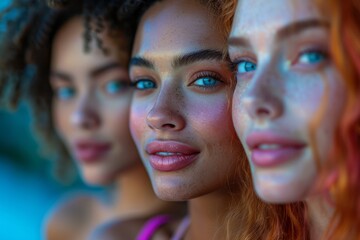 Fototapeta premium Group of smiling African Black women with long hair forms a line before a blue background, their hyperrealistic portraits illuminated by vibrant spectrum cinematic lighting.