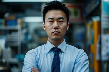 Fototapeta premium Young businessman with a determined expression in a bustling city environment