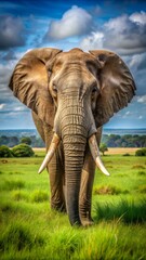 Fototapeta premium A majestic elephant with large white tusks stands in the lush green grass of an African savannah