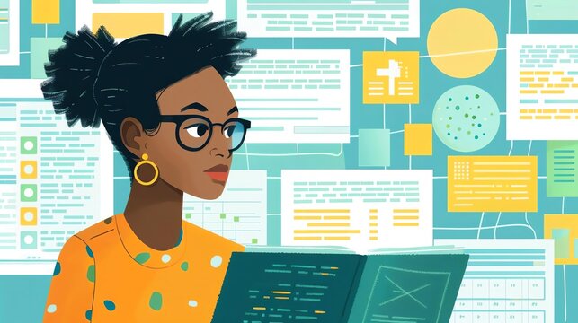 Qualitative Data Analysis A researcher examining qualitative data through thematic analysis, with illustration floating text bubbles