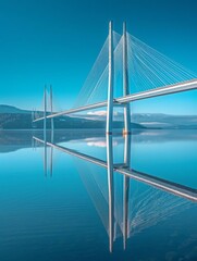 Elegant suspension bridge reflected in tranquil blue water under a clear sky. Perfect symmetry and architectural beauty in a serene landscape.