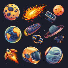 Asset of futuristic planets, mobile game, slot game isolation on dark background, Illustration