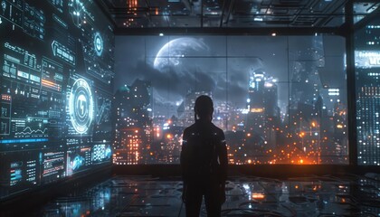 Obraz premium Silhouette of person looking at futuristic cityscape at night with digital interfaces and moon in the background.