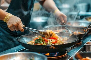 Closeup of a chef's hands stirfrying noodles and vegetables on a flaming wok