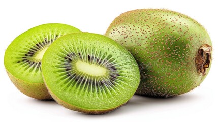 Fototapeta premium A high-resolution image of a whole and sliced kiwi, showing the vibrant green flesh, isolated on a white background with clipping path