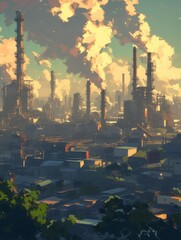 Air pollution concept. Factories with pipes that pollute the air. High quality photo generated by AI