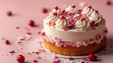Beautifully Decorated Birthday Cake on Soft Pink Background with Copy Space