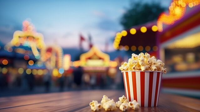 Bucket of popcorn at an amusement park with bright lights and blurred background, capturing the fun and excitement of a fairground.

