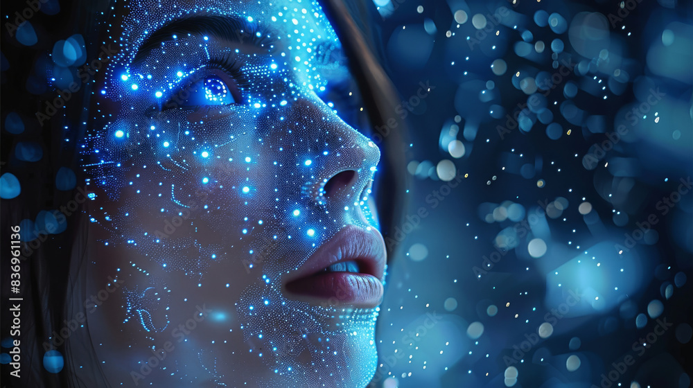 Aufkleber a beautiful woman surrounded in the style of digital data and code, a blue glow in the background, c
