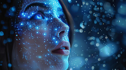 A beautiful woman surrounded in the style of digital data and code, a blue glow in the background, close up portrait, black background. Generative AI.