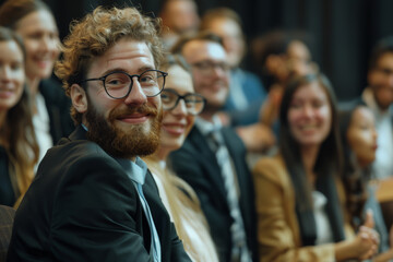 Obraz premium A side view of a diverse group of business people clapping and smiling at an event, showcasing camaraderie and success.