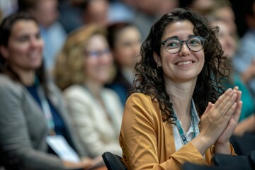 A side view of a diverse group of business people clapping and smiling at an event, showcasing camaraderie and success.