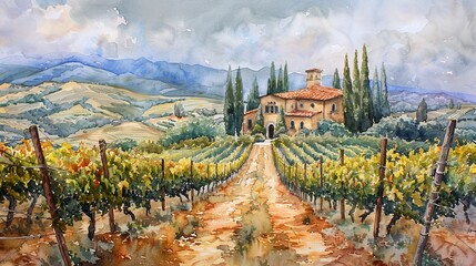 Naklejka premium Mediterranean Vineyard Soft pastels, rolling vineyards, Watercolor, Rustic, Idyllic
