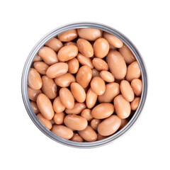 Borlotti beans in opened can. Cooked and canned cranberry beans, a hazelnut-colored variety of the common bean, Phaseolus vulgaris. Vegetarian staple food. Isolated, from above close-up food photo.