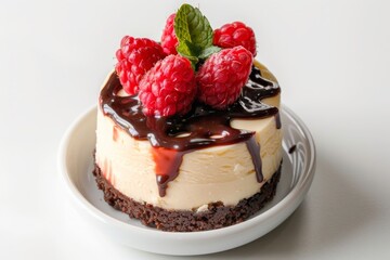 Luxury cheesecake topped with raspberries, chocolate drizzle, mint leaf on white plate, for decadent dessert experience, for showcasing sophisticated desserts in gourmet dining or culinary photography