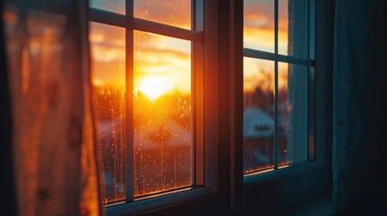 Fototapeta premium A warm sunset scene through a house window with natural light and colors, suitable for use in interior design, real estate, or travel images