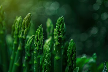 Green asparagus spears with sparkling dew drops against a bokeh background in a garden
