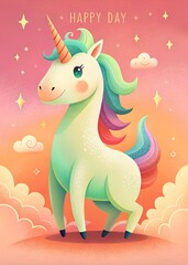 greeting card with a unicorn with the text "happy day"