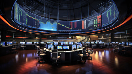 A panoramic view of a trading floor with screens displaying candlestick charts, capturing the rhythm and flow of market activity.