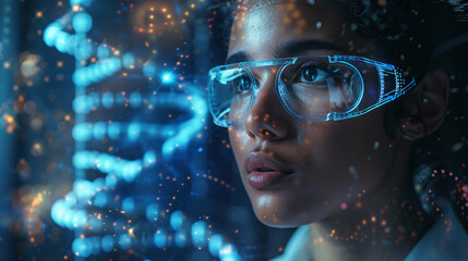 Female scientist examining a DNA sample with a futuristic digital interface