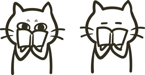 読書するつり目な猫の線画イラスト