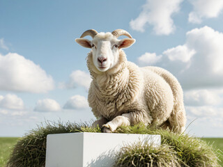 a white sheep in the box podium with grass field and sky background