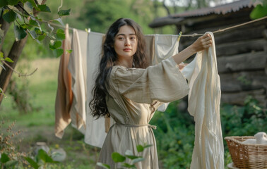 Woman Hanging Laundry Outdoors in Eco-Friendly Lifestyle