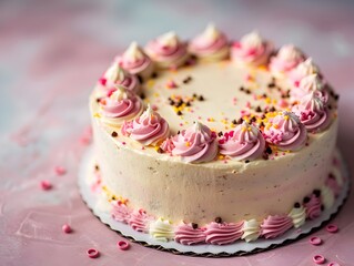 Freshly Baked Pink Birthday Cake with Creamy Frosting on Dusty Rose Backdrop