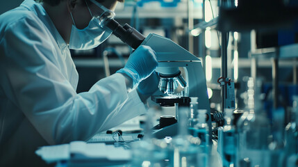 Medical Development Laboratory: Scientist Looking Under Microscope, Analyzes Petri Dish Sample. Specialists Working on Medicine, Biotechnology Research in Advanced Pharma Lab