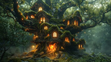 Enchanted Treehouse with Glowing Lights in Magical Forest Setting at Dusk