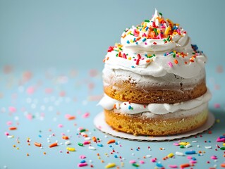 Festive Birthday Cake with Vibrant Sprinkles on Plain Blue Background