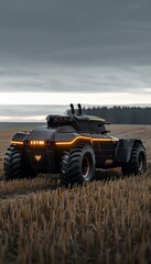 Fototapeta premium Futuristic off-road vehicle in a field under a cloudy sky. Advanced technology meets rugged design. Perfect for adventure enthusiasts.